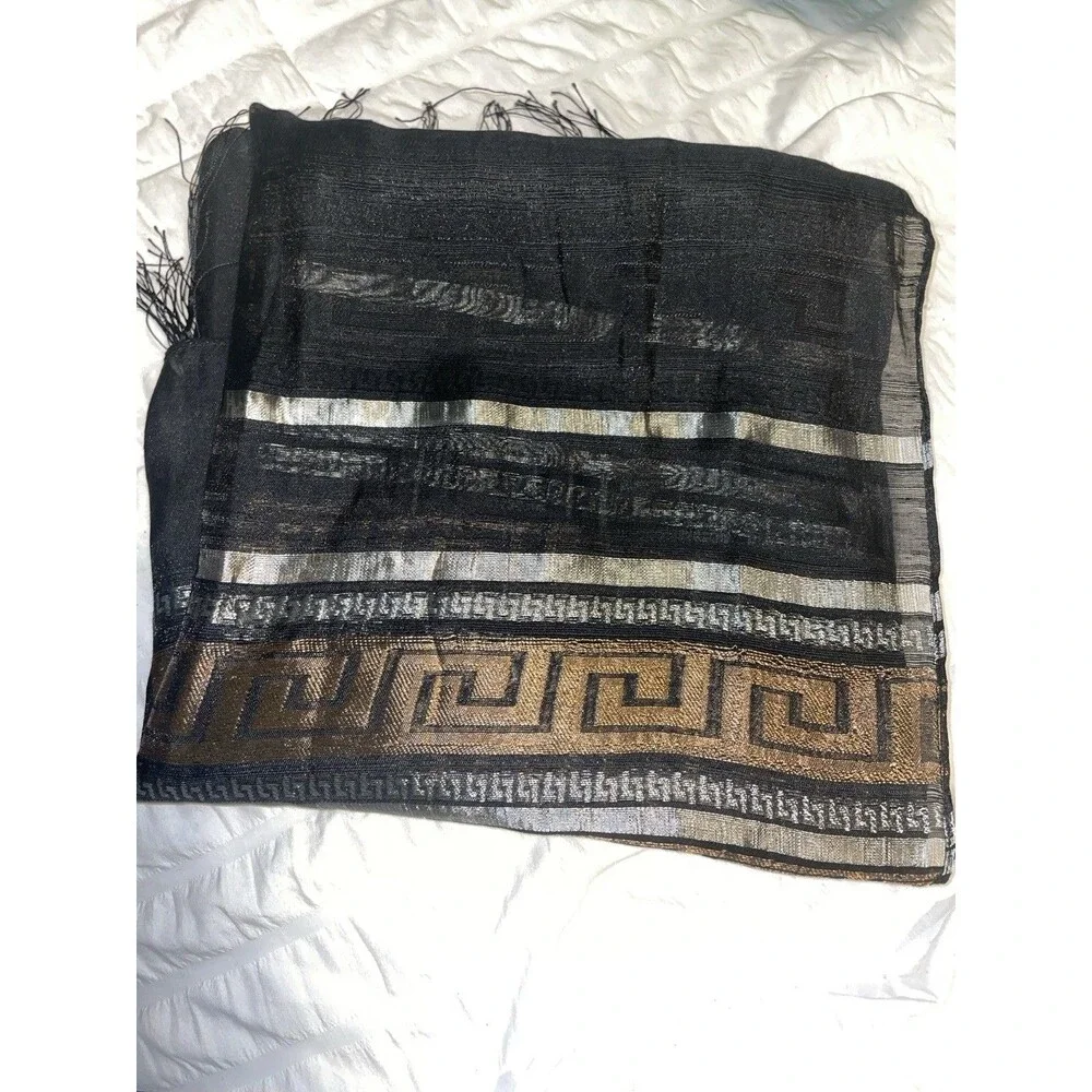 Black Pashmina Scarf Shawl Gold Silver Greek Key Metallic Fringe Evening Wrap